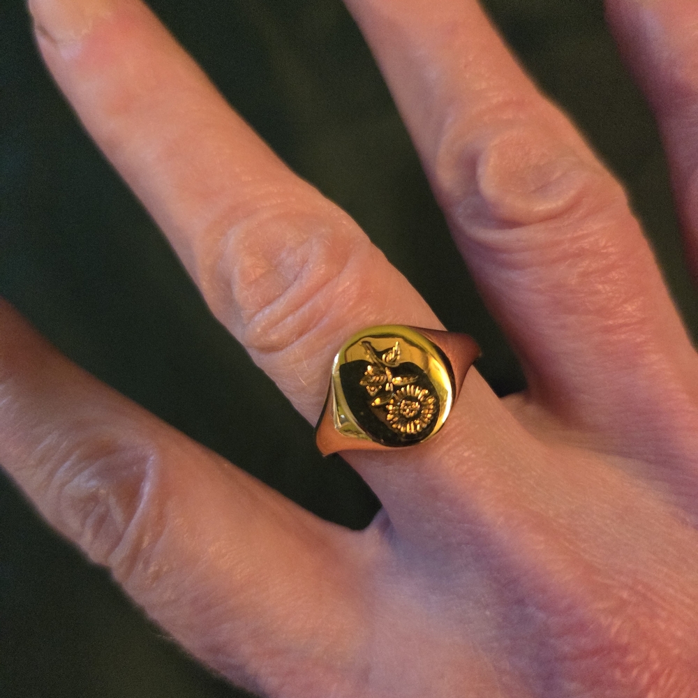 Gold plated sunflower signet ring, adjustable